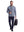 Front full body shot of model wearing sand warm brushed mock neck golf t shirt, carrying a bag in one hand and holding a coffee cup in the other hand
