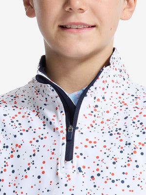 Front view from nose to chest of model wearing white polka dots youth print midlayer Q-zip pullover sweatshirt