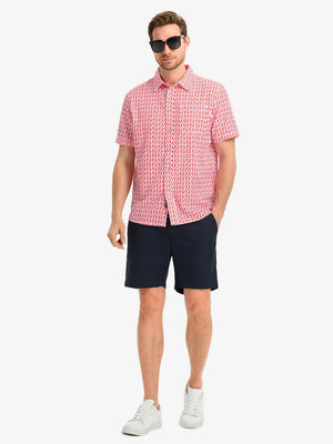 Full-body front view holding a takeaway drink cup, wearing RED LOBSTER Stylish Printing Summer Shirt.